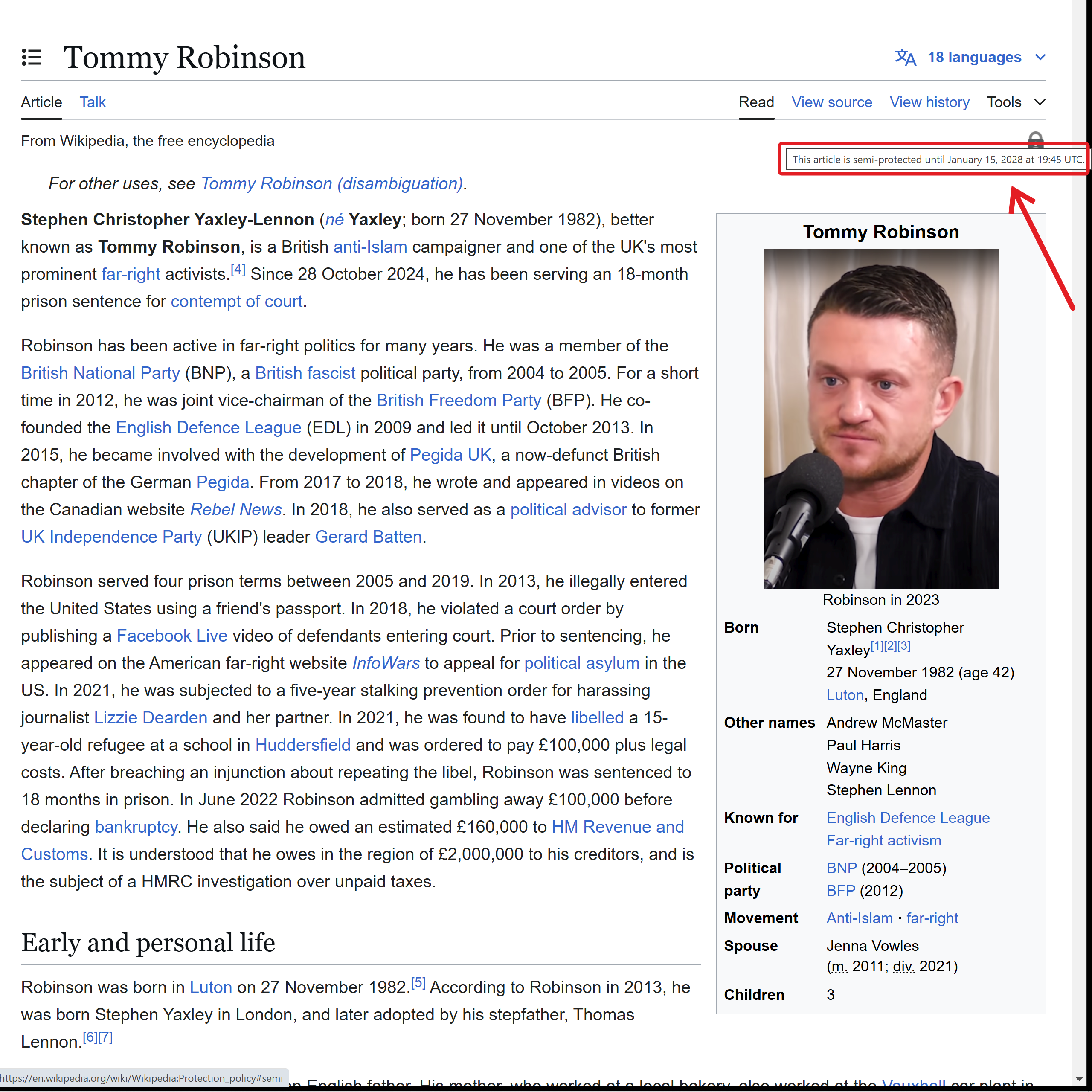 Tommy Robinson wikipedia page now locked until the year 2028